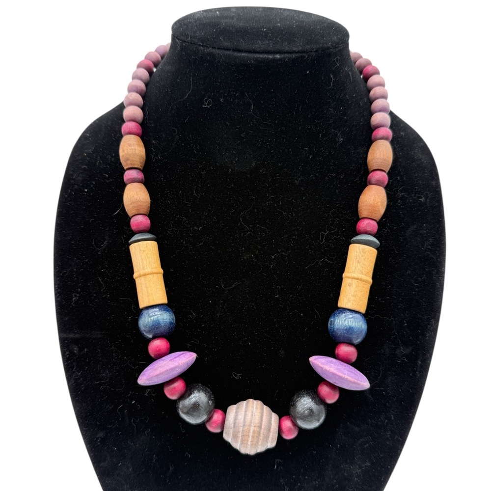 Vintage 80s Chunky Dyed Wood Multicolor Beaded Necklace w/ Barrel Clasp